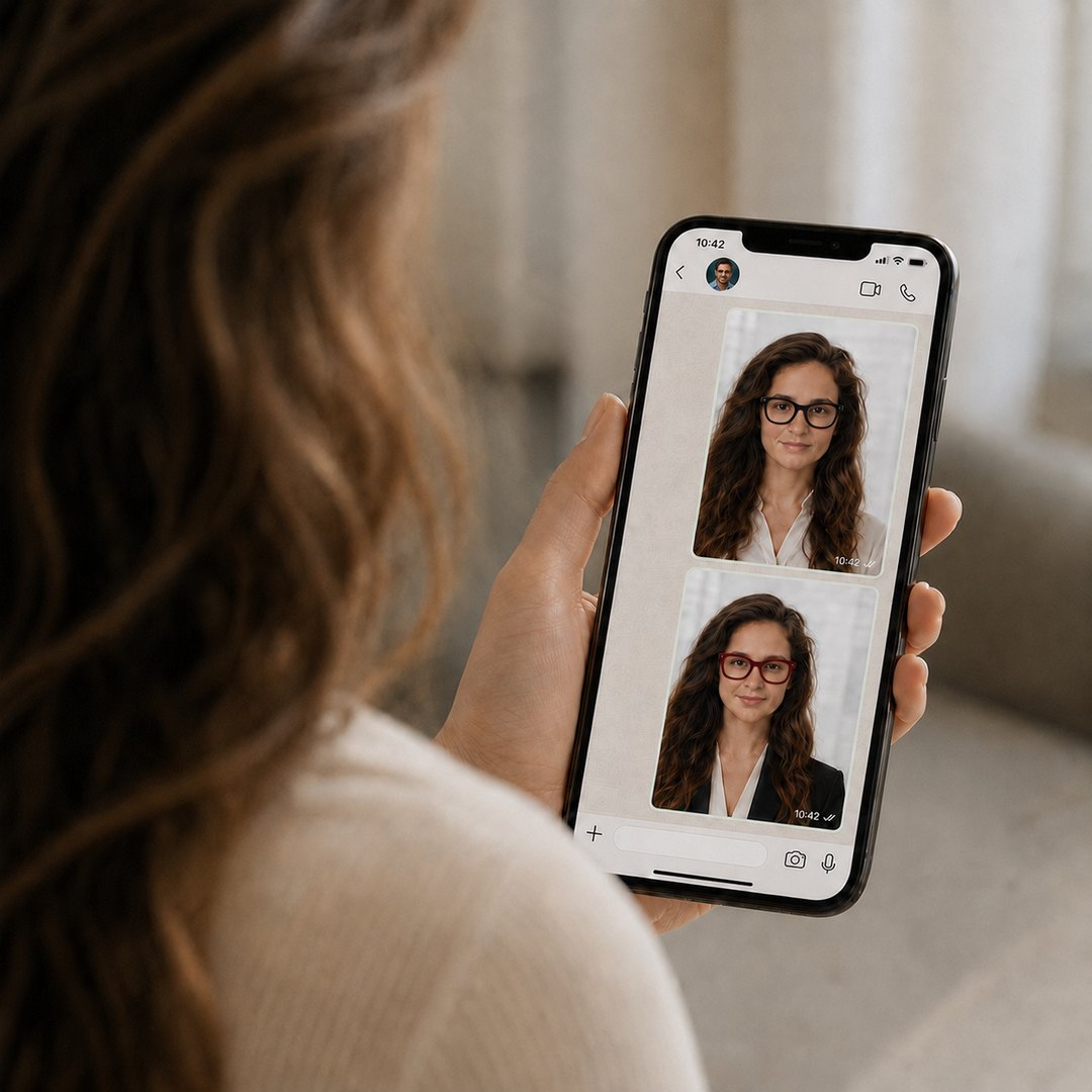 Provador virtual: simulação dos óculos no seu rosto enviada pelo WhatsApp